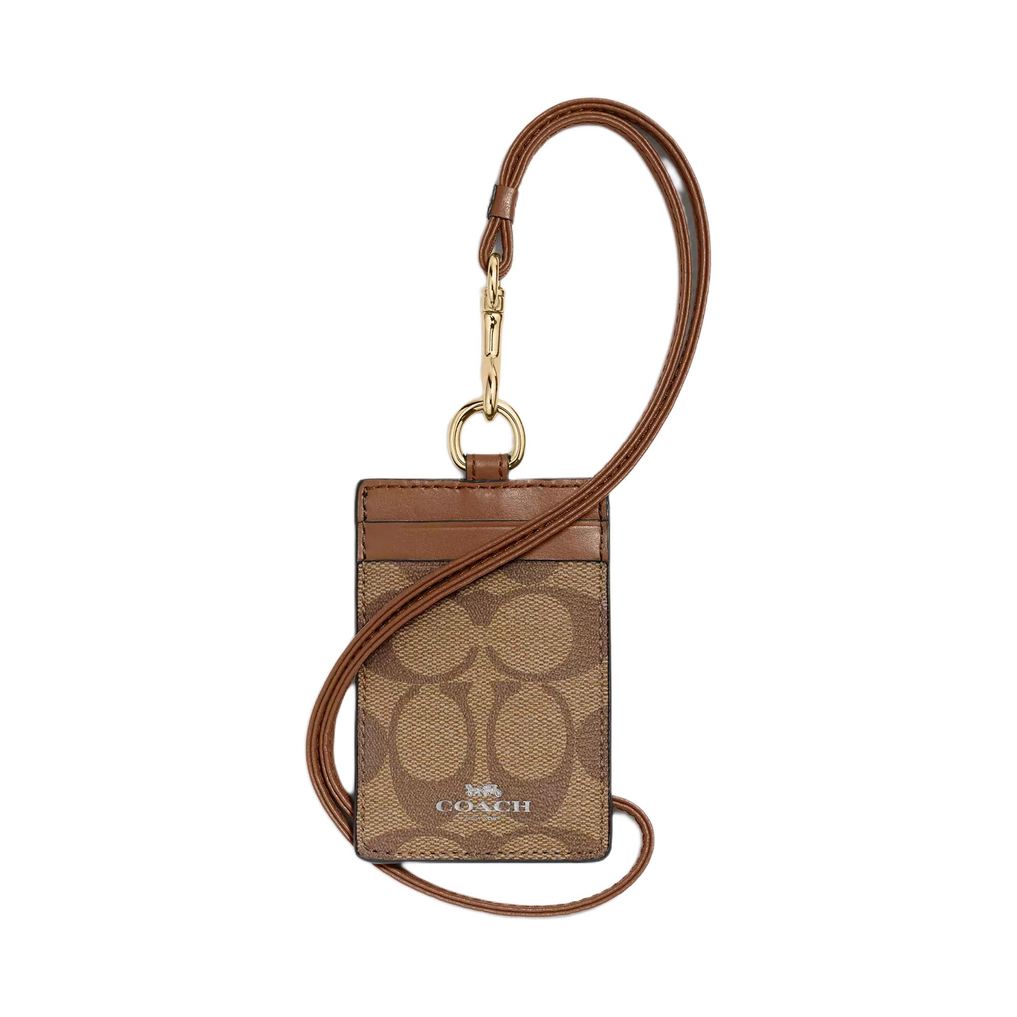 COACH Lanyard Coated Canvas With Leather Necklace Pouch Card Holder Clutch Women's Khaki Brown