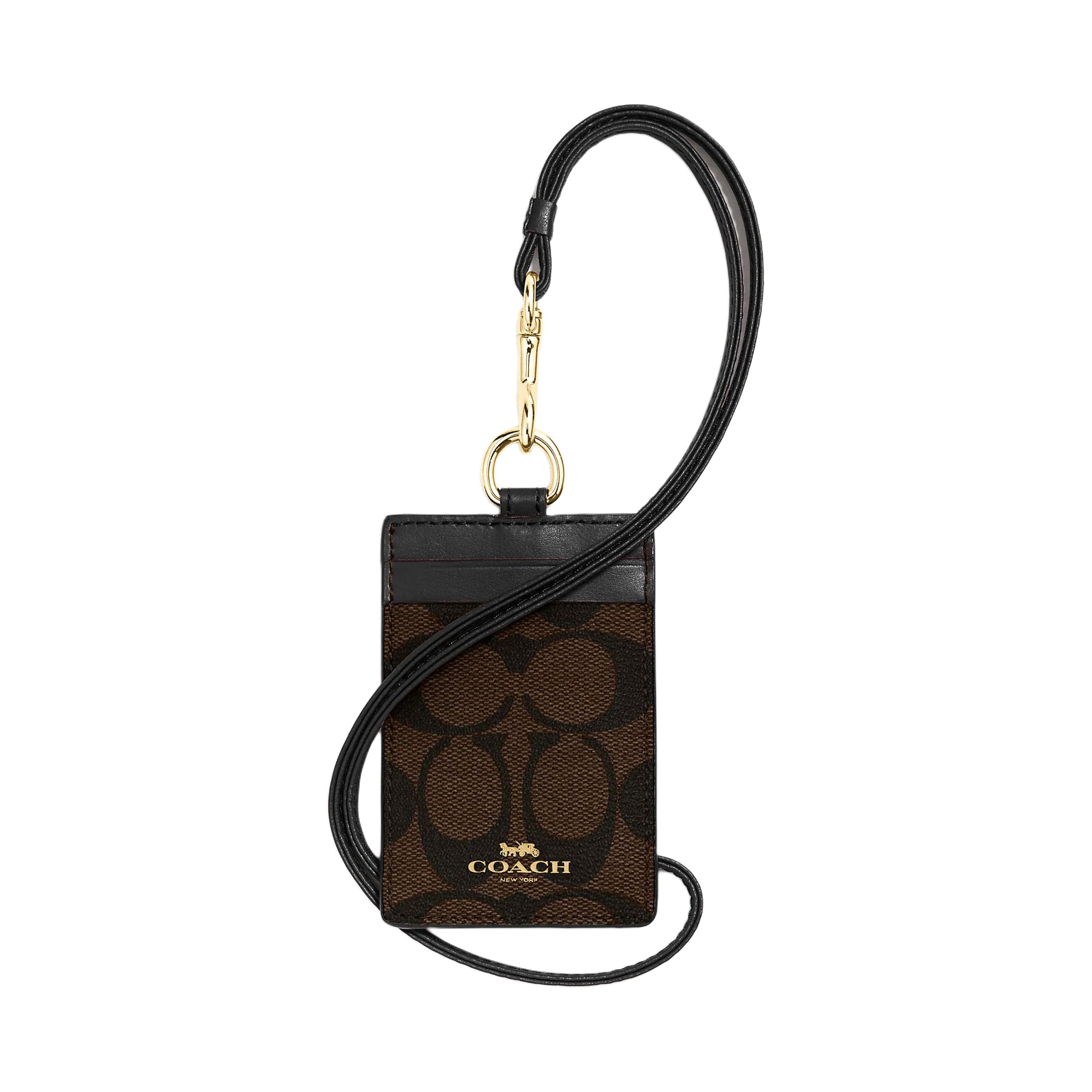 COACH Lanyard Coated Canvas Leather Card Holder Women's Black Brown