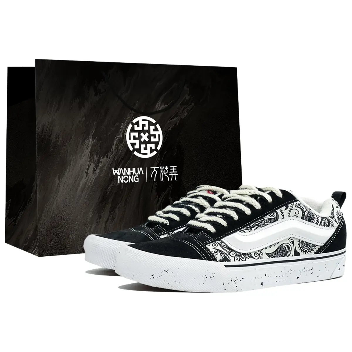 Vans Knu Skool Wan Hua Nong, Black And White, Shopping Bag Abrasion Resistant Low top Skateboard Shoes Unisex