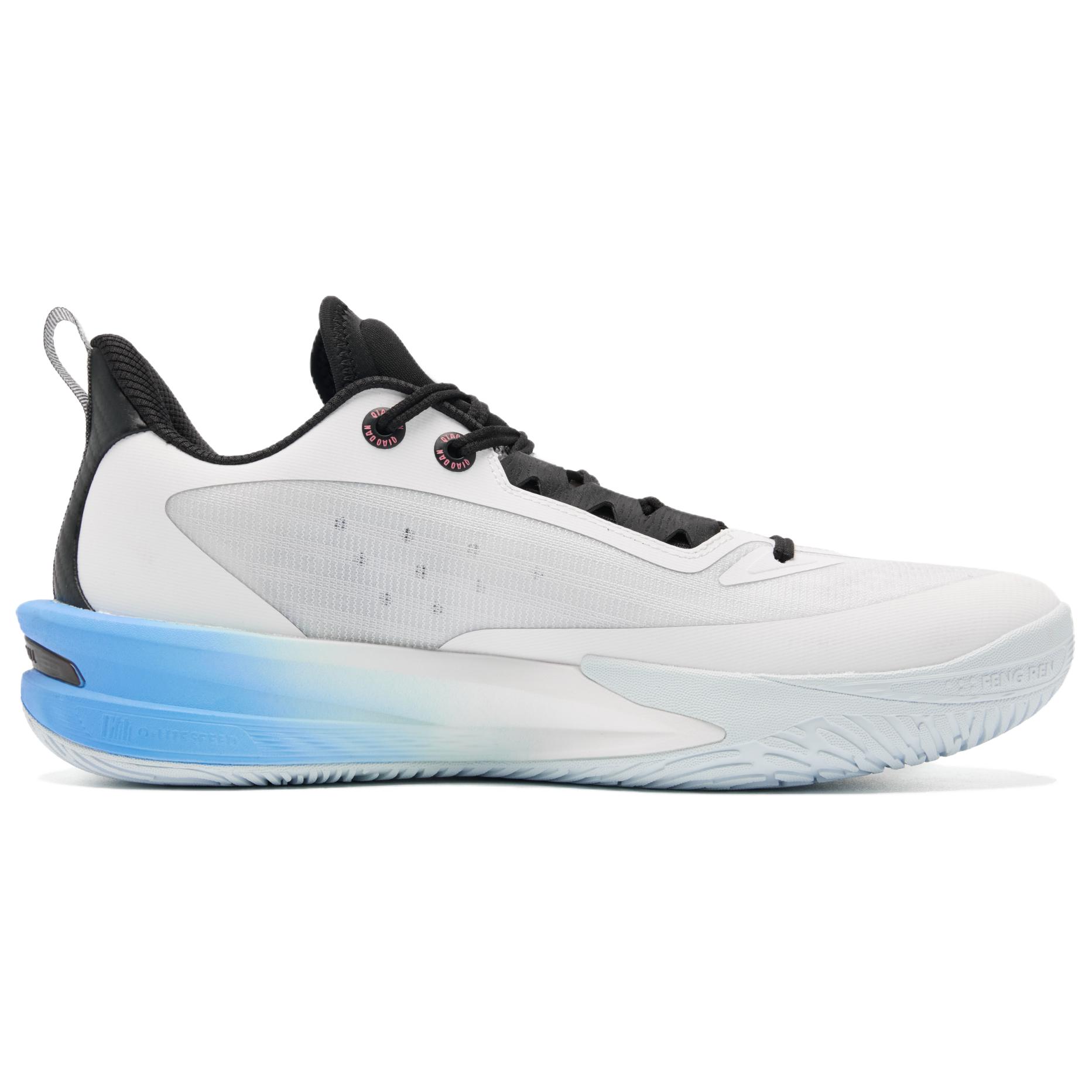 QIAODAN Wind Blade 5 Cushioning Slip Resistant Breathable Low top Basketball Shoes Men’s White Black Blue