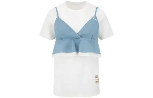 EVISU T Shirts Women's White/Denim Blue Crew Neck Moderate Straight Fit