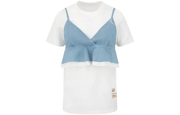 EVISU T Shirts Women's White/Denim Blue Crew Neck Moderate Straight Fit