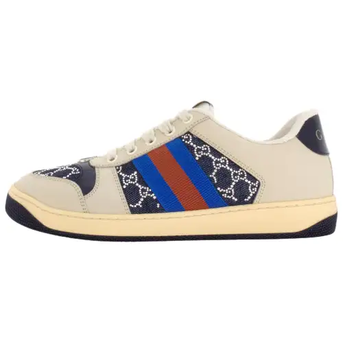 GUCCI Screener Denim, Leather Low top Skateboard Shoes Women's Beige & Dark Blue