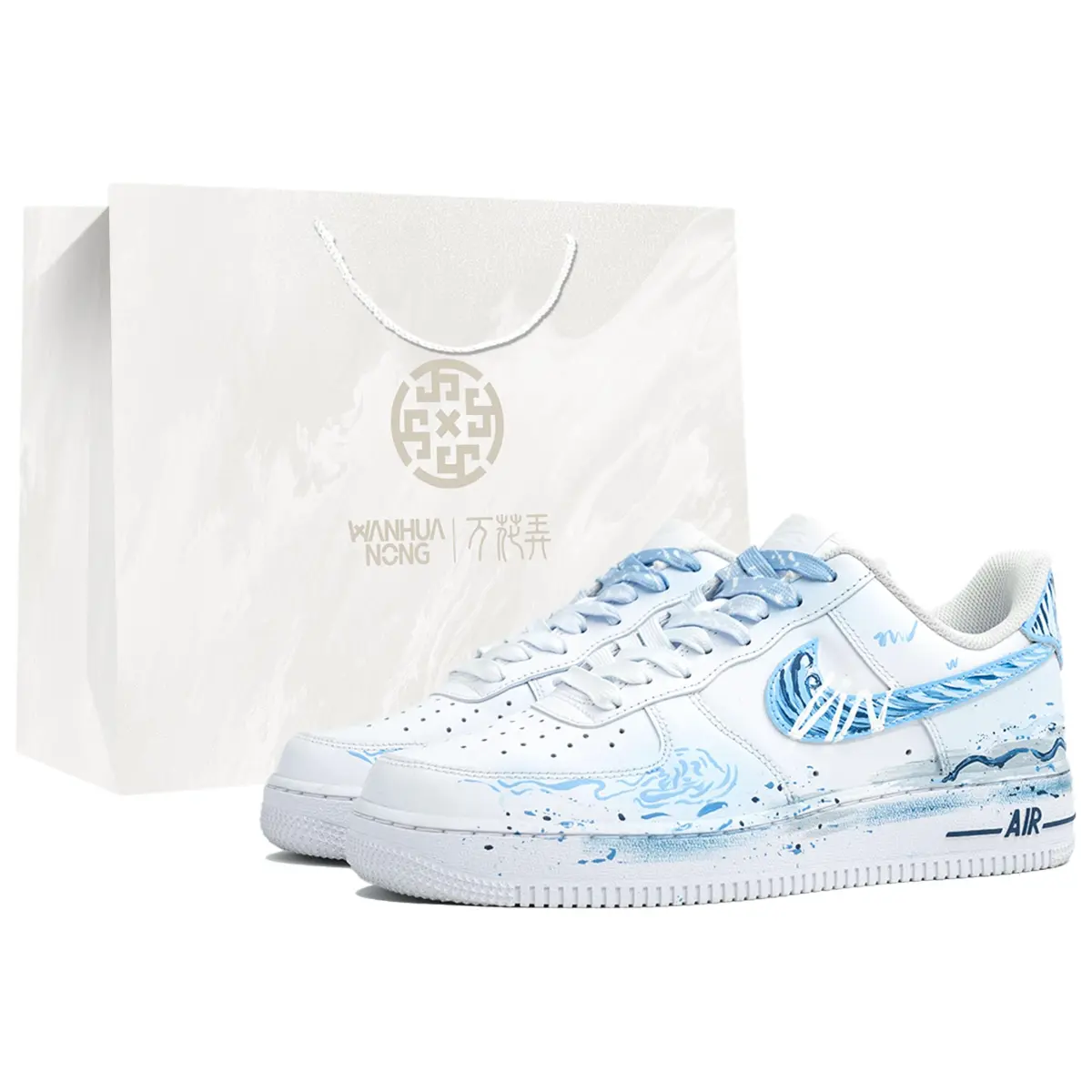 Nike Air Force 1 Kaleidoscope, Wave, Shopping Bag Abrasion Resistant Low top Skateboard Shoes Unisex White Blue