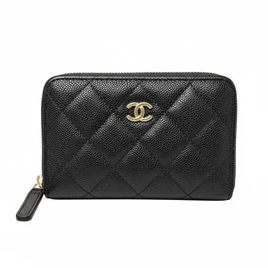 CHANEL Женский кошелек Chanel 26S Gold Label с двойным логотипом C и бриллиантами из телячьей кожи, черный