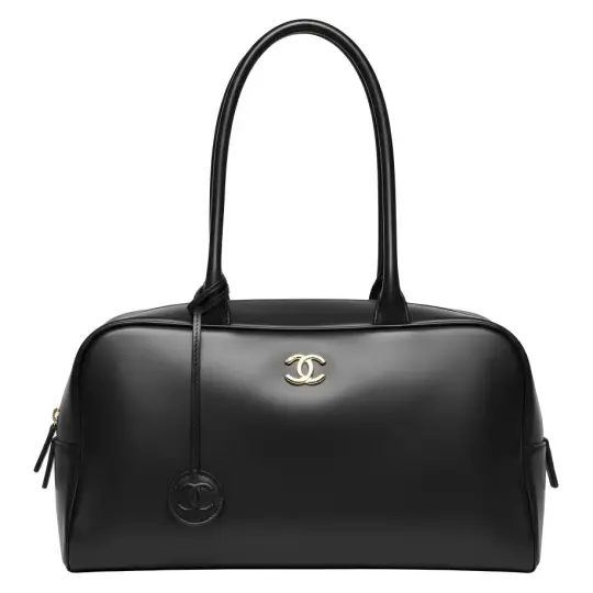 CHANEL Chanel 26S Gold Label Double C Logo Сумка для боулинга с длинной ручкой из телячьей кожи и золотистого металла Сумка на плечо Большая женская черная