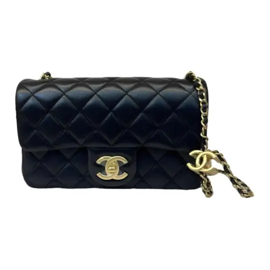 CHANEL Chanel Classic Flap CF 26S Gold Label Double C Logo Кожаная цепочка с бриллиантами Сумка через плечо из овчины Мини Женская Черная
