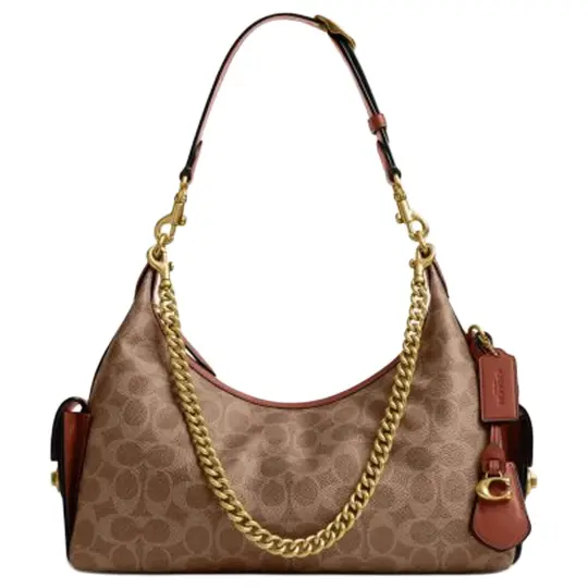COACH PocketJuliet 30 Золотые металлические аксессуары Сумка на плечо из искусственной кожи и воловьей кожи, большая женская коричневая