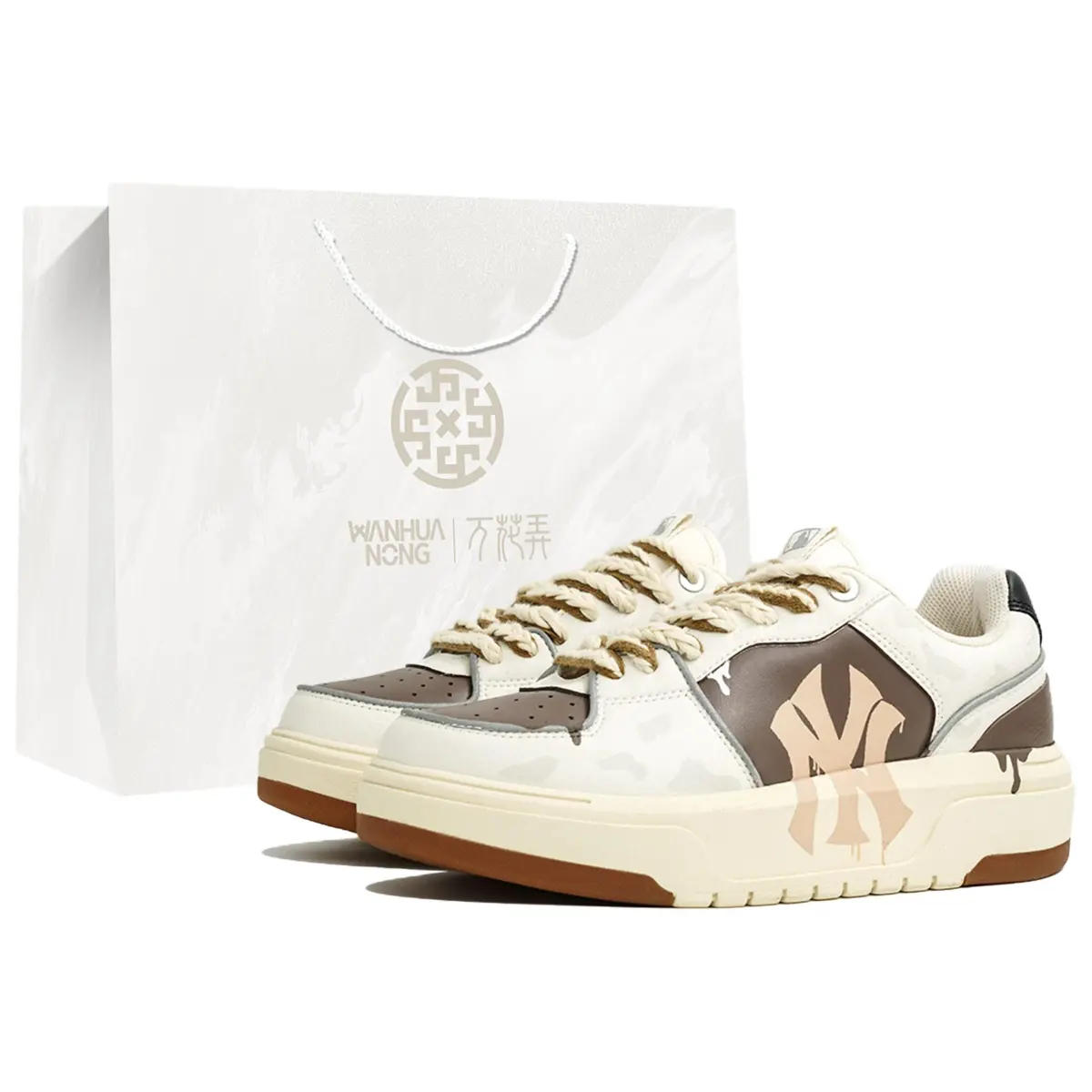 MLB Chunky Liner Wan Hua Nong, Milk Coffee, Shopping Bag Abrasion Resistant Low top Skateboard Shoes Unisex White Brown
