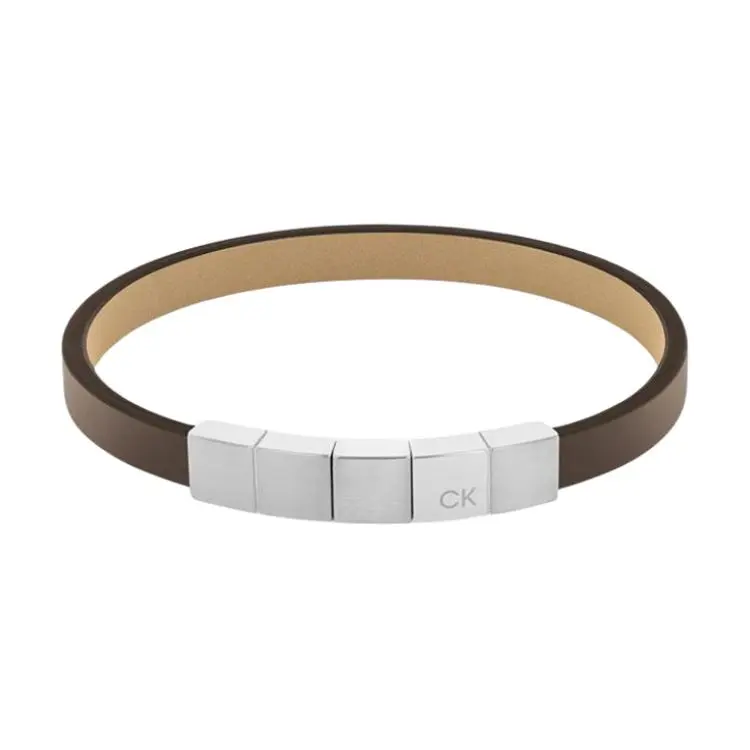 CALVIN KLEIN Steel & Leather Niche Trendy, Minimalist Style, Versatile, Bangle Men's Silver