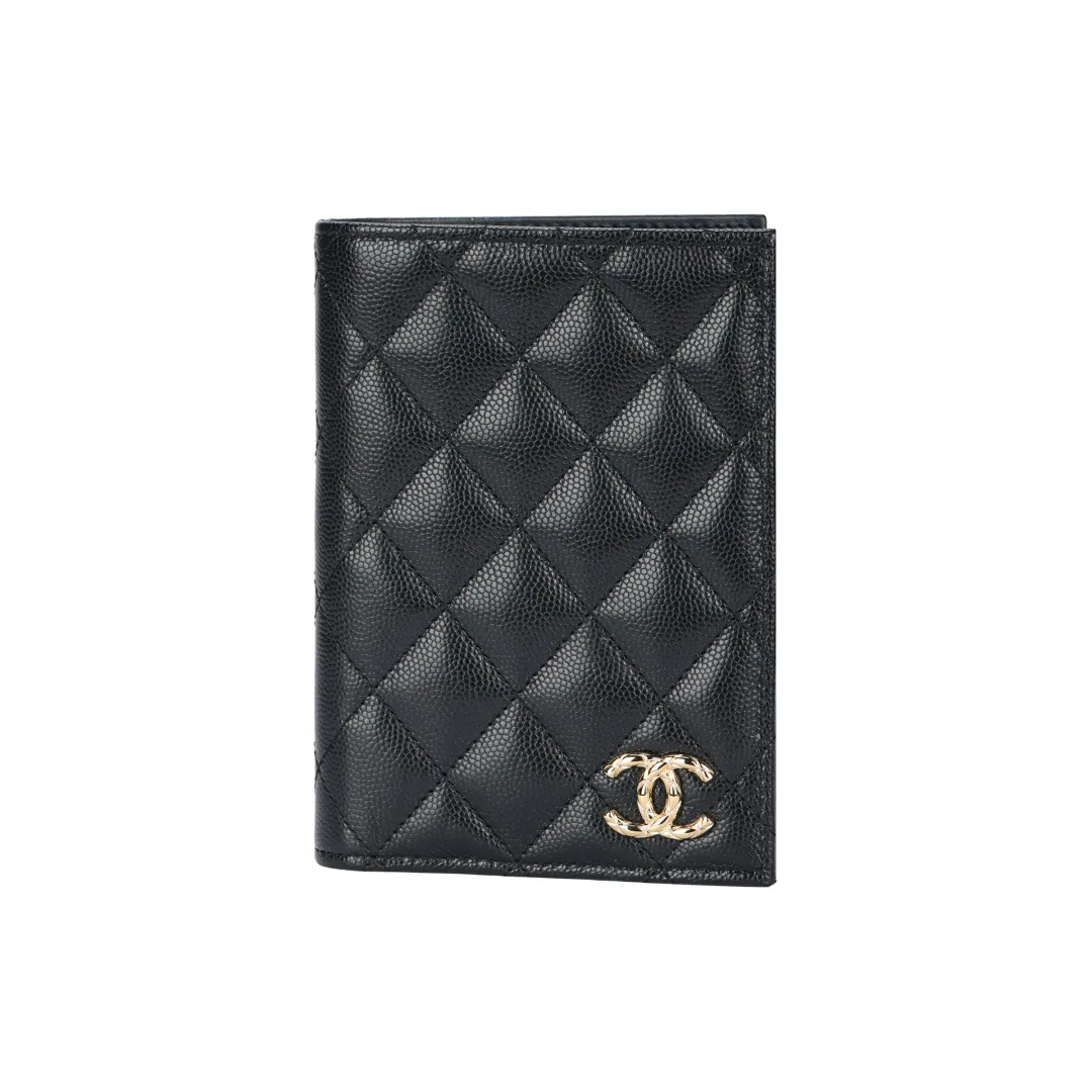 CHANEL Litchi Grain Calfskin Passport Holder Women's Black