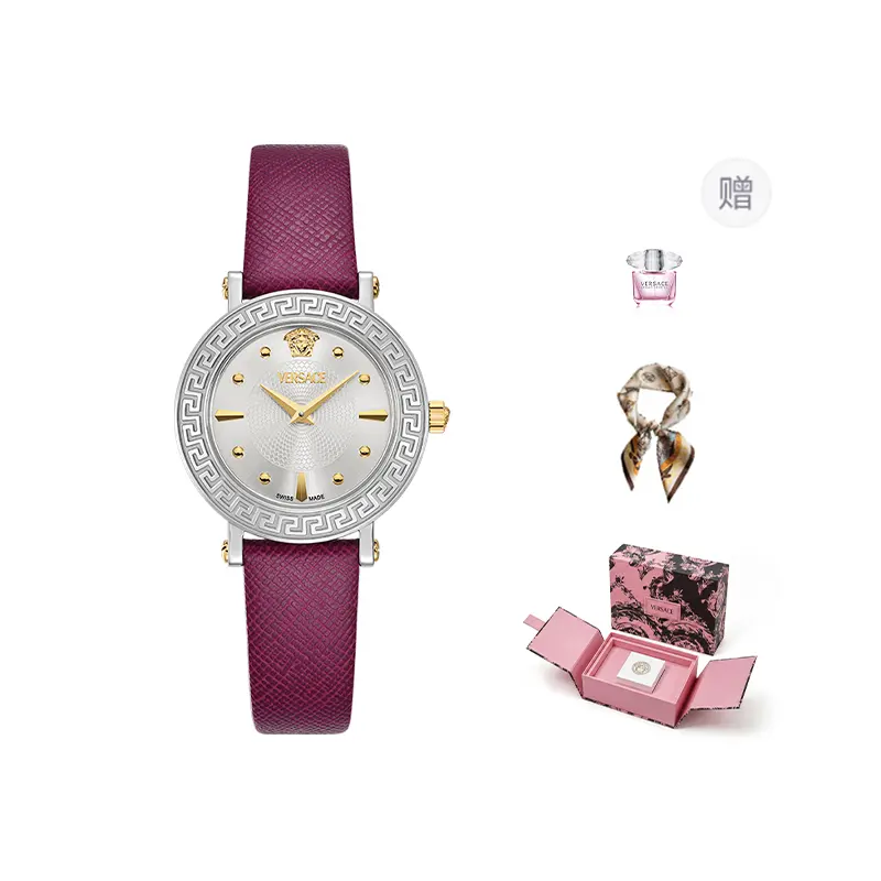 VERSACE Versace, leather quartz watch strap, silver dial, women's watch, perfume, fashionable trend waterproof gift box, quartz mechanism, 35mm