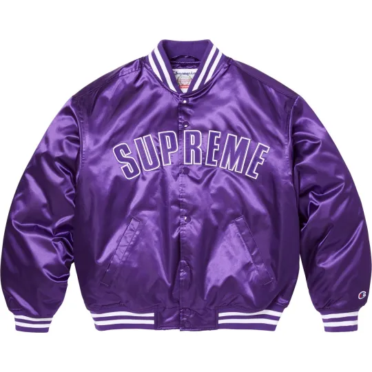 Модель Supreme × Champion SS26 WEEK8 Атласная университетская куртка с вышитым логотипом, свободная бейсбольная куртка с открытыми плечами, одинаковый стиль для мужчин и женщин