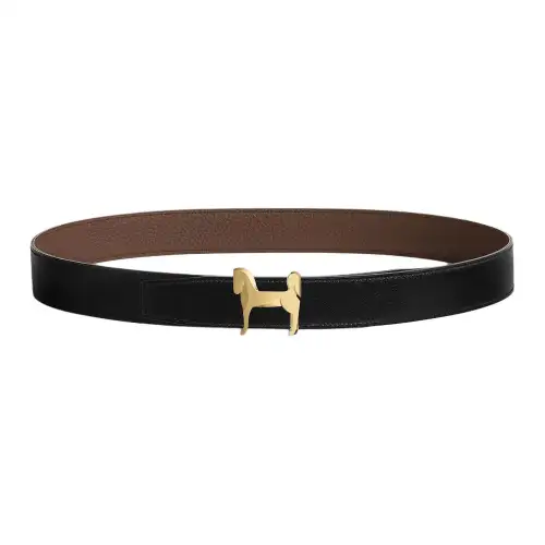 HERMES Panache Togo Calfskin Double Sided Leather Belts Men's Black Width 3.2cm