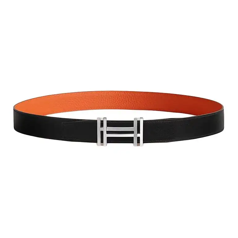 HERMES Block H Calfskin Leather Belts Men's 3.2cm