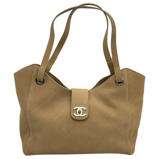 CHANEL Chanel 26P Gold Label Double C Logo Стеганая текстурированная сумка-тоут из воловьей кожи Женская сумка бежевого цвета