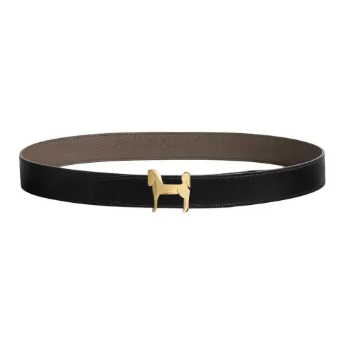 HERMES Panache Cow Leather Belts Men's Gray Black 3.2cm