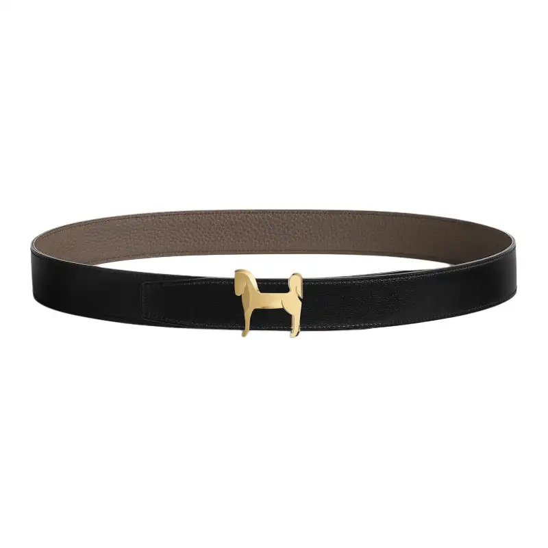 HERMES Panache Cow Leather Belts Men's Gray Black 3.2cm