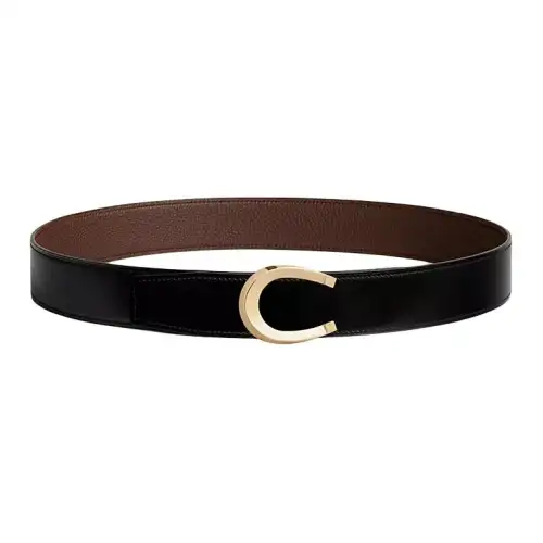 HERMES Ring Gold Smooth Buckle Luck Calfskin Double Sided Leather Belts Men's Black Width 3.8cm
