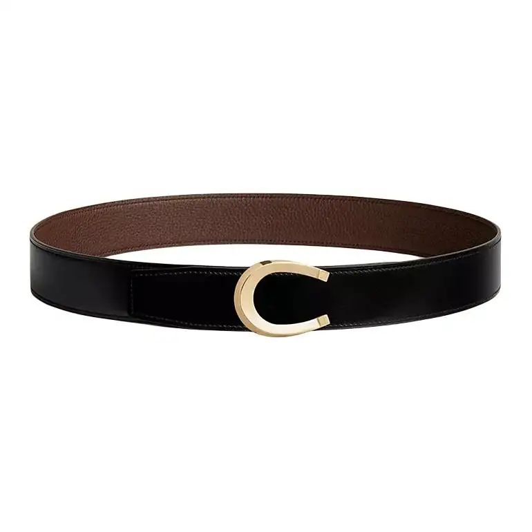 HERMES Ring Gold Smooth Buckle Luck Calfskin Double Sided Leather Belts Men's Black Width 3.8cm