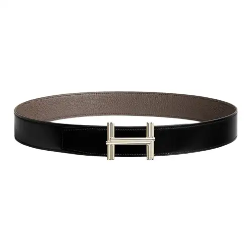 HERMES Traverse Metal Leather Brass Calfskin Leather Belts Men's Width 3.8cm
