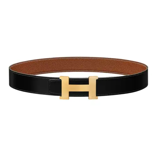 HERMES Constance Togo Calfskin Leather Belts Men's Black/Gold Width 3.8cm
