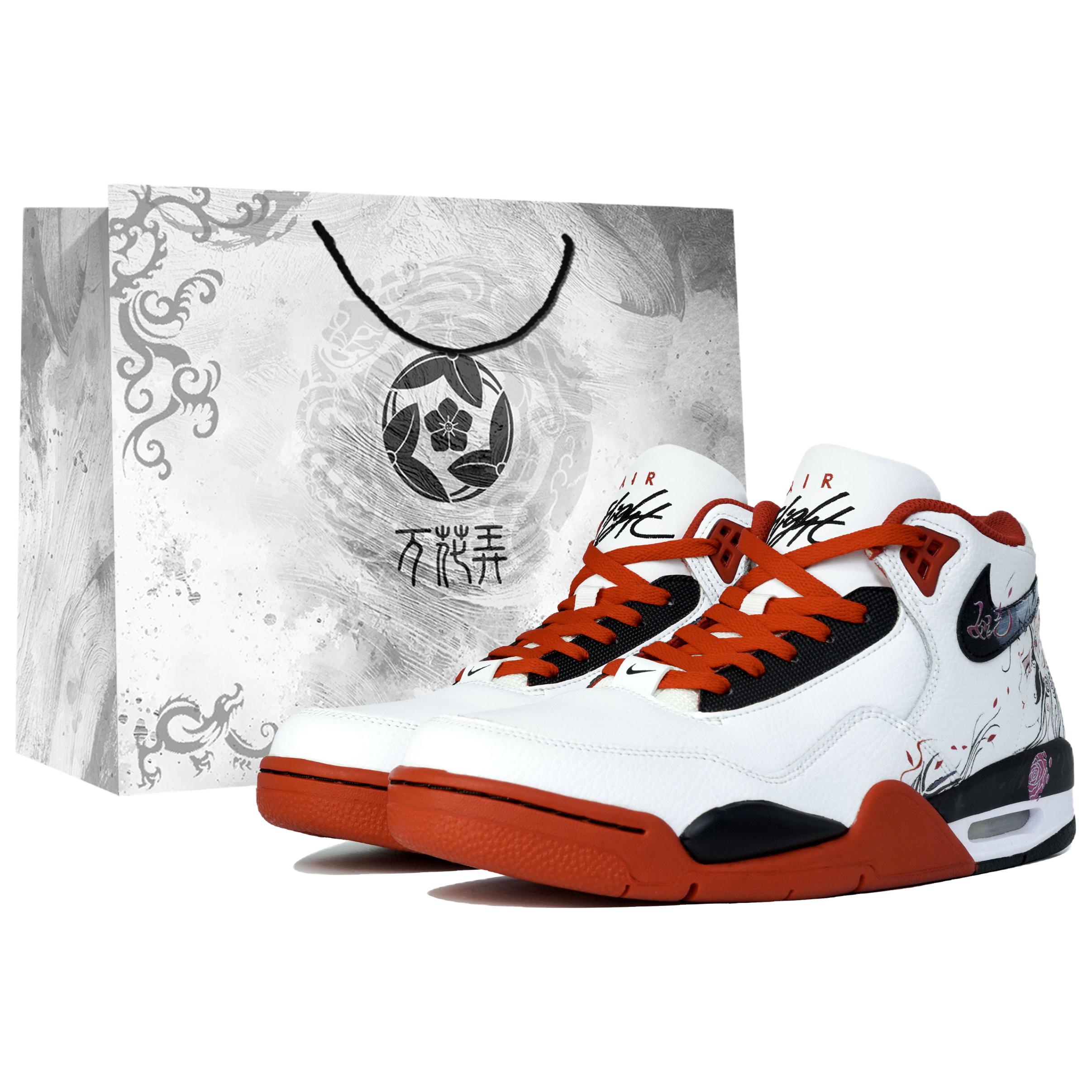 Nike Flight Legacy Myriad Flowers Entice, Daji, Shopping Bag Mid top Vintage Basketball Shoes Unisex Red Black White