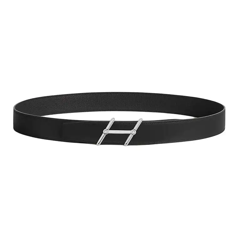 HERMES Swing Stainless Steel Calfskin Leather Belts Men's Width 3.2cm