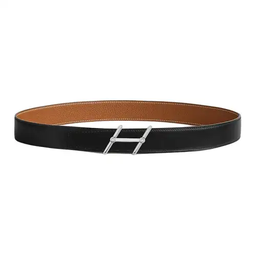 HERMES Togo Stainless Steel Calfskin Leather Belts Men's Width 3.2cm