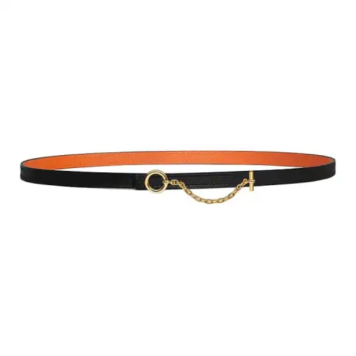 HERMES Epsom Calfskin Double Sided Leather Belts Women's Black/Orange Width 1.3cm