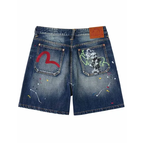 EVISU 2026 Летние джинсовые шорты с карманами и граффити в мужском стиле
