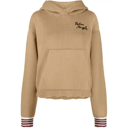 PALM ANGELS Logo Embroidered Long Sleeved Knit Hoodie