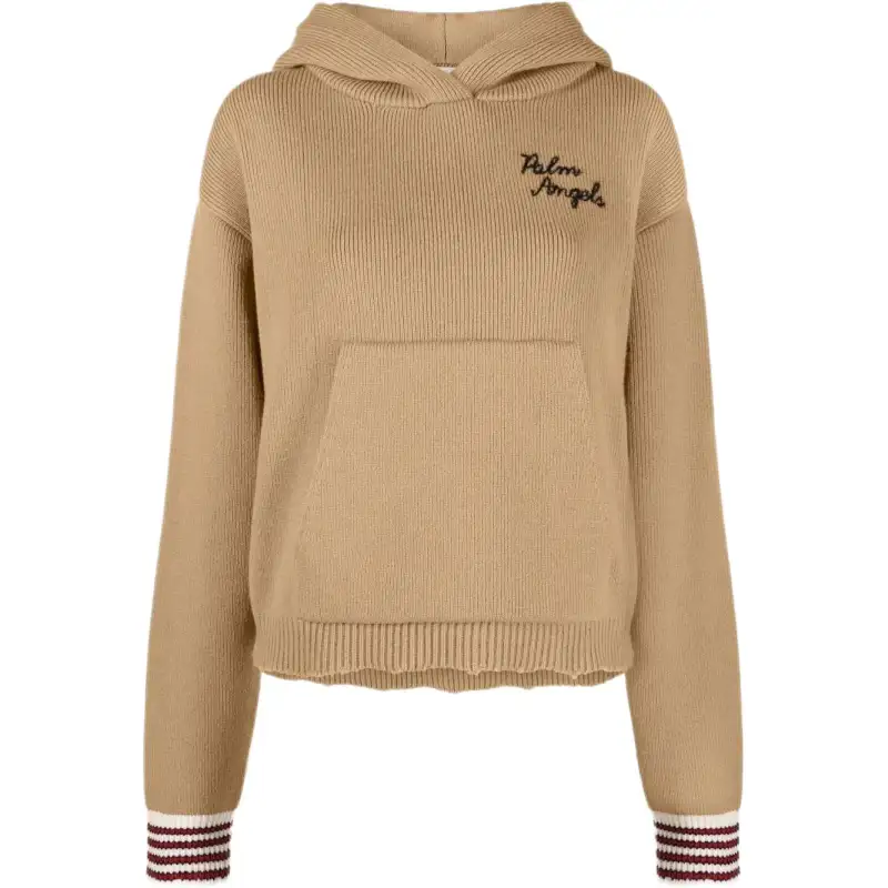 PALM ANGELS Logo Embroidered Long Sleeved Knit Hoodie