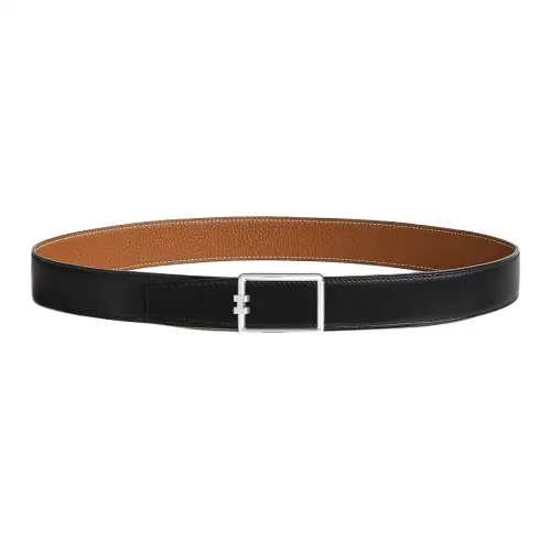 HERMES Calfskin, Palladium Coating Layer Leather Belts Men's Width 3.2cm