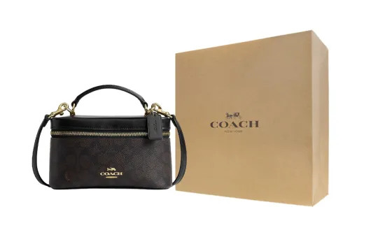 Сумка COACH RAINER 18 из искусственной кожи и воловьей кожи с логотипом бренда, застежкой-молнией, женский маленький размер, коричнево-черный