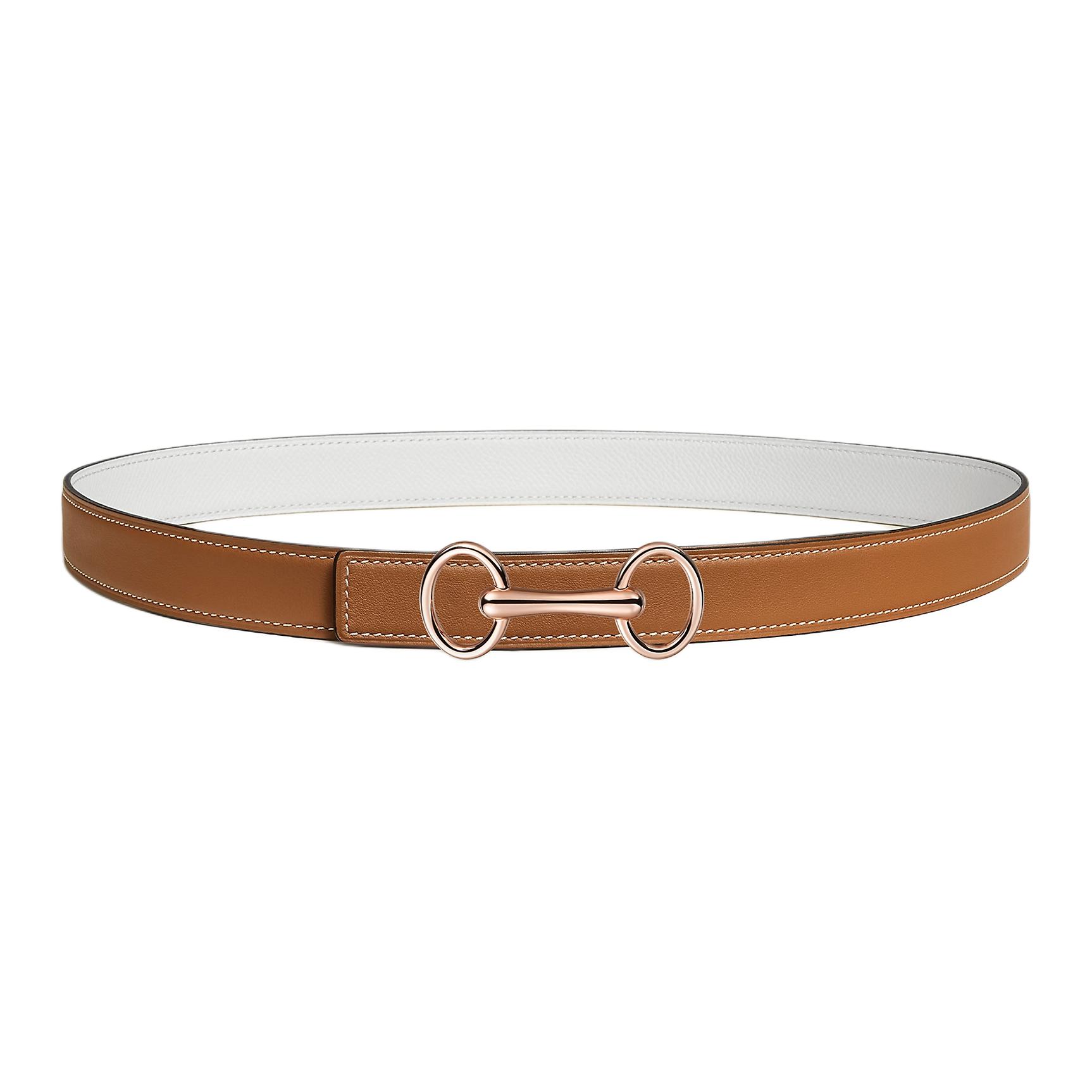 HERMES Heritage Rose Gold Tone Plated Metal Calfskin Leather Belts Women's Width 24mm