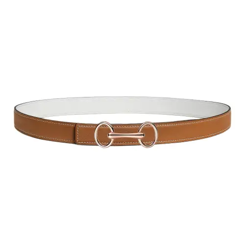 HERMES Heritage Rose Gold Tone Plated Metal Calfskin Leather Belts Women's Width 24mm