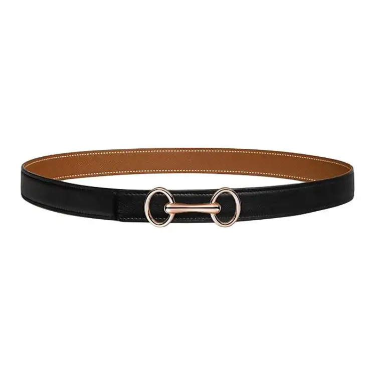 HERMES Heritage Rose Gold Tone Plated Metal Calfskin Leather Belts Women's Width 24mm