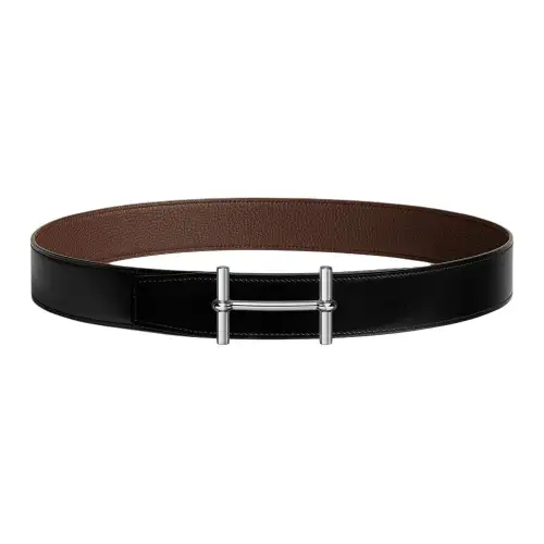 HERMES Ancre Metal, Palladium Plated Calfskin Leather Belts Men's 3.8cm