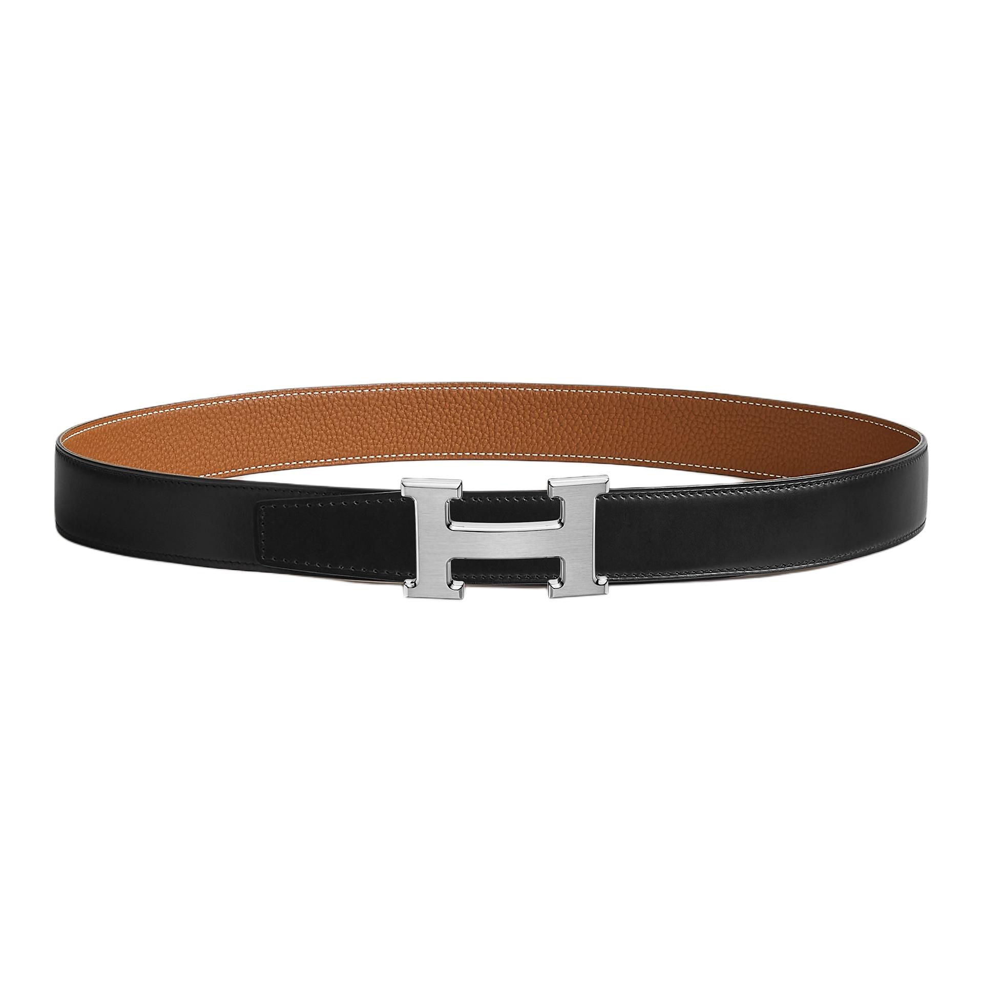 HERMES Hermès Togo silver smooth buckle double-sided leather belt black/gold calfskin belt men's width 3.2cm