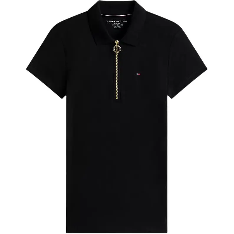 Tommy Hilfiger Slim Fit Essential Zip Polo T Shirts & Polos Dark Sable Polo Shirt Women's Black