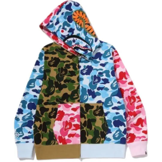 Толстовка с капюшоном A BATHING APE SS26 в стиле пэчворк с камуфляжной вышивкой акулы, одинаковый стиль для мужчин и женщин