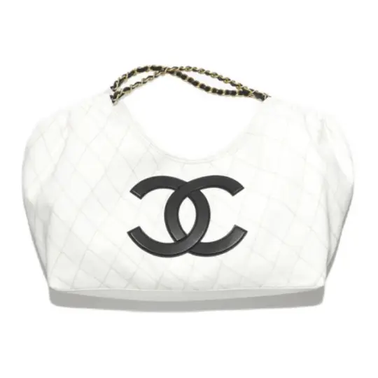 CHANEL Chanel 26M coco-Beach Beach Series Классическая сумка из денима и телячьей кожи с логотипом Double C и золотистым металлом, маленькая женская белая