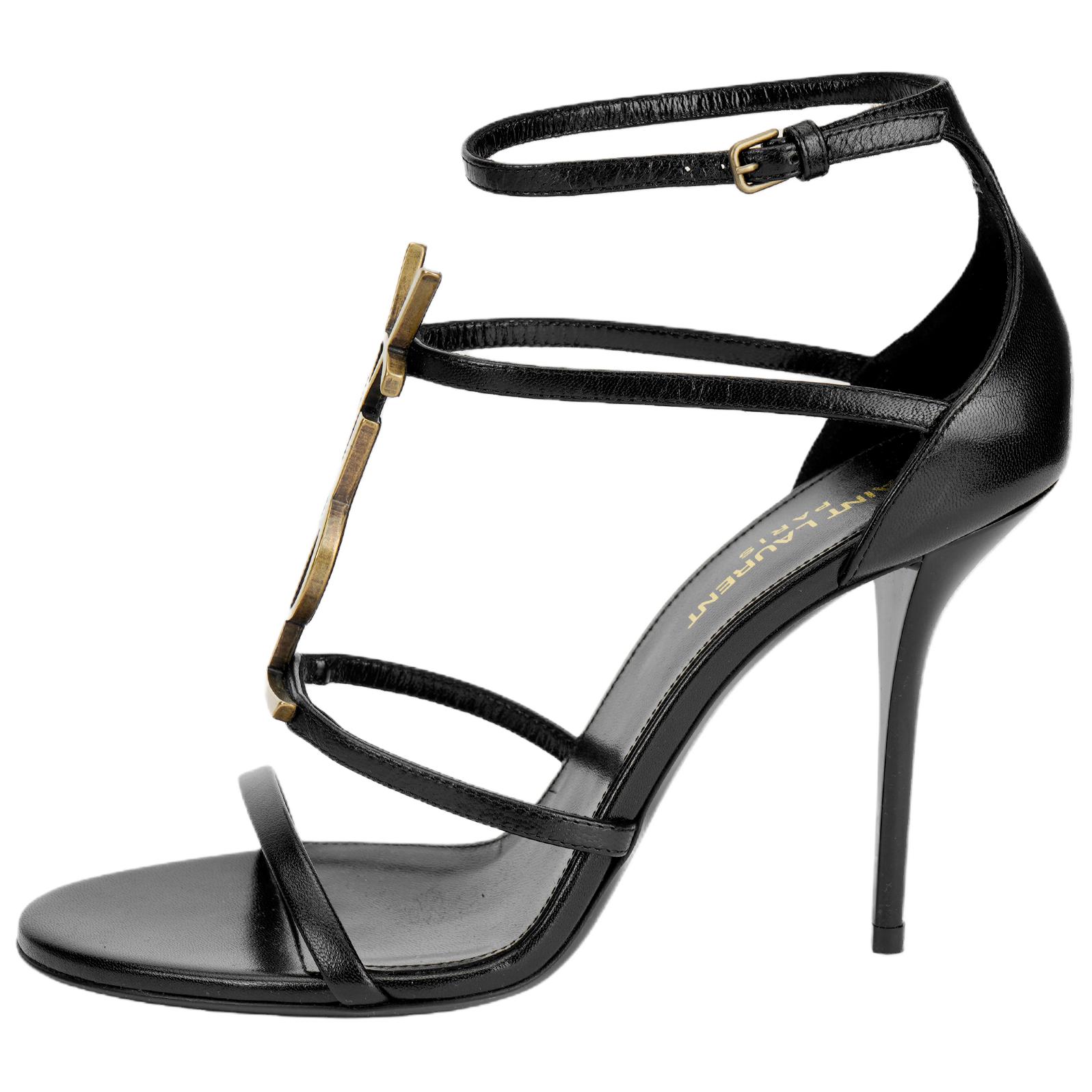 SAINT LAURENT Saint Laurent Cassandra Leather Signature Logo Hardware Stiletto Heel Strap Sandals Women's Black Gold