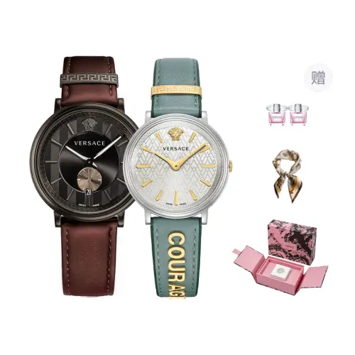 VERSACE Watch, quartz movement, tan dial, same style for men and women, free pink crystal diamond Versace perfume gift box, pink diamond floral and fruity tone, fashionable luxury product, a pair of watches for couples, VEBQ00419+VEVD00119