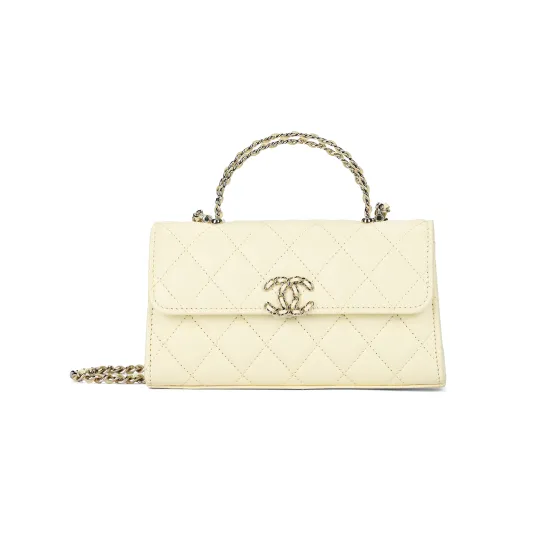 CHANEL Chanel 26S Kelly Classic Double C Logo Глянцевая зернистая телячья кожа с бриллиантами, сумка через плечо на одно плечо, женская светло-желтая