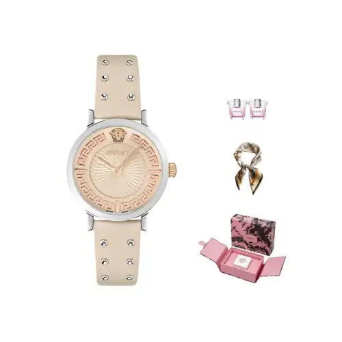 VERSACE Versace, leather quartz watch strap, beige dial, women's watch, perfume, gift box, peach sports one bead bracelet, quartz mechanism, 35mm