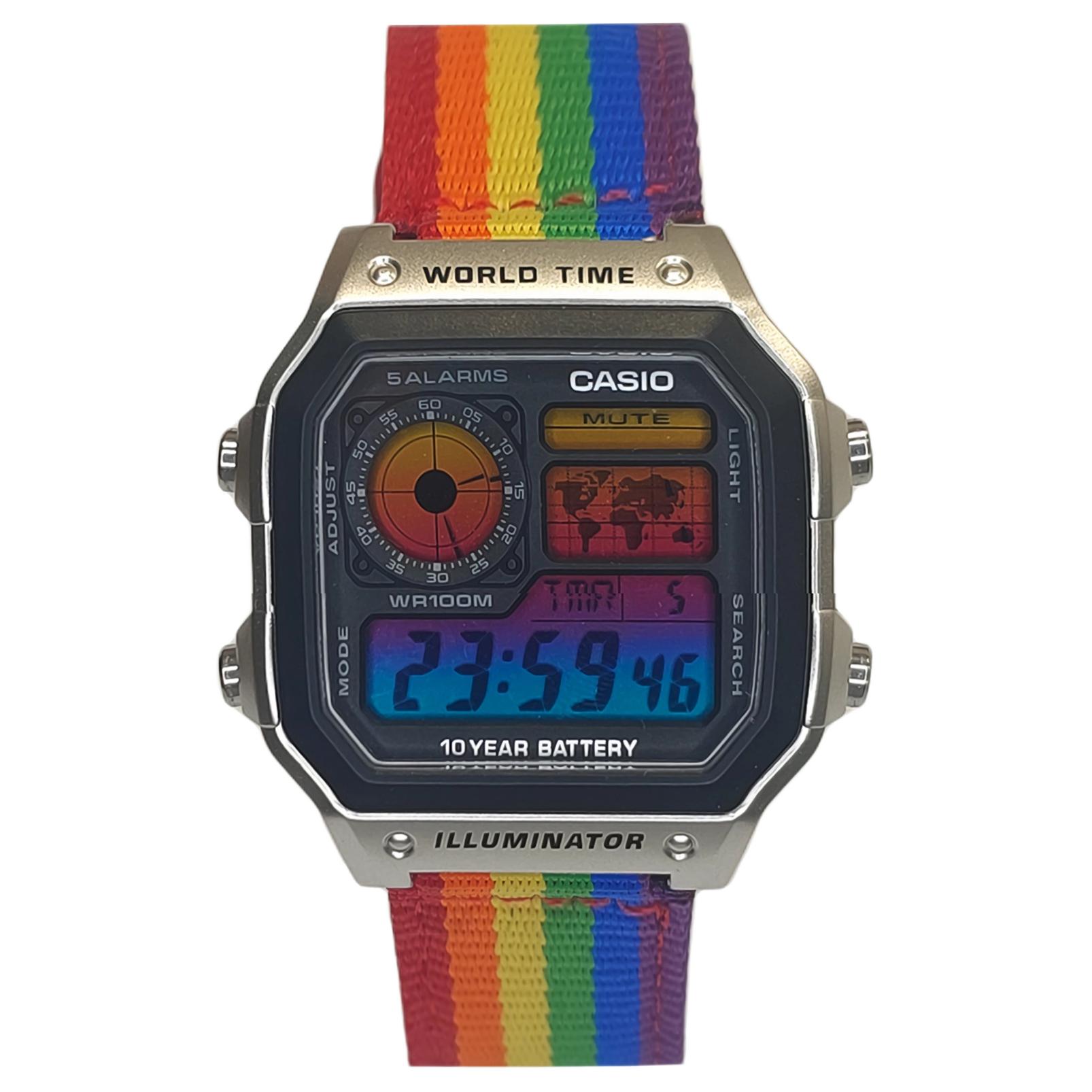 Casio, modified rainbow quartz nylon watch strap for men and women, black dial, custom-made, gradient, 10 years, quartz mechanism, Japanese and Korean