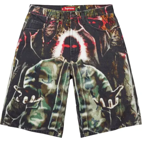 Supreme SS26 WEEK11 Shadows Baggy Denim Short прямые джинсовые шорты длиной до колена с портретным принтом для мужчин и женщин.