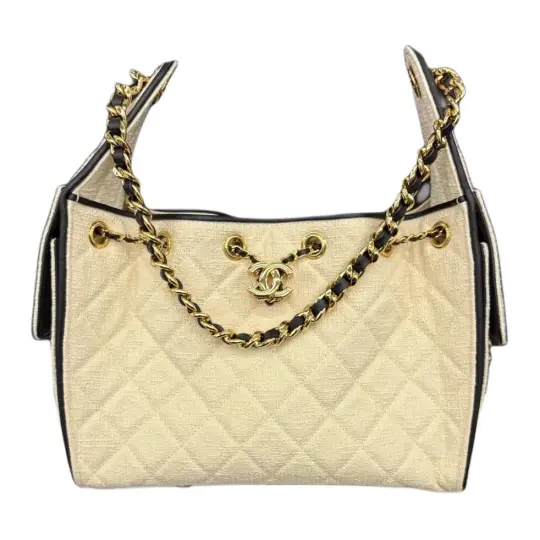 CHANEL Сумка Chanel 25Сумка 26S с двойным логотипом C, золотая этикетка, ромб, кожаная цепочка, сумка из парусины, телячьей кожи и золотого металла, сумка в стиле хиппи, сумка на плечо, маленький размер, женская, светло-желтая